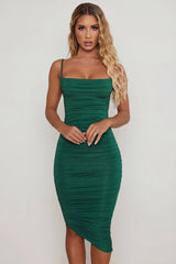 Cowl Neck Ruched Bodycon Midi Dress In Green