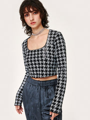 Talk About It Houndstooth Cropped Long Sleeve Top