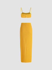 Solid Texture Crop Tank Top & Slit Skirt Set