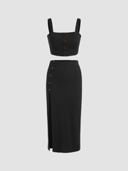 Solid Rib Crop Tank Top & Slit Skirt Set