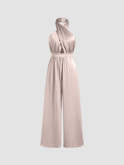 Solid Satin Cross Halter Jumpsuit