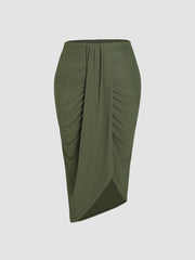Rib Solid Ruched Slit Midi Skirt Curve & Plus