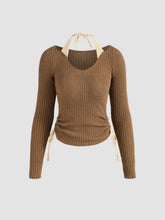 Two Tone Rib Knit Halter Drawstring Top