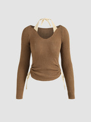 Two Tone Rib Knit Halter Drawstring Top