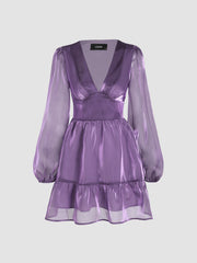 Solid Mesh V-neck Short Dress