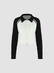 Collar Cable Knit Contrasting Trim Zipper Cardigan