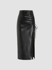 Faux Leather High Waist Drawstring Split Maxi Skirt