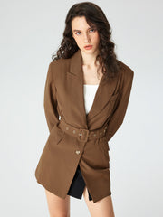 Solid Notched Collar Belted Blazer