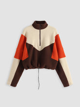 Fleece Patchy Stand Collar Drawstring Sweatshirt