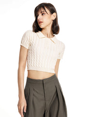 Solid Rib Knit Polo Crop Top