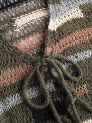 Wool-blend Knit Striped Tie Cardigan