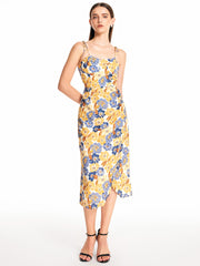 Floral Tie Shoulder Slit Midi Dress