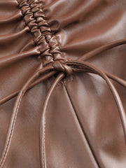 Faux Leather High Waist Drawstring Split Maxi Skirt