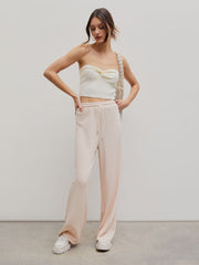 Solid Rib Drawstring Wide Leg Pants