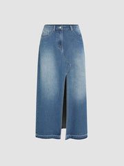 Denim Washed High Waist Split Skirt
