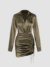 Solid Drawstring Satin Mini Shirt Dress