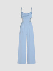 Lace Sheer Cowl Neck Wide Leg Jumpsuit