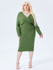 Knit Solid V-neck Midi Dress Curve & Plus