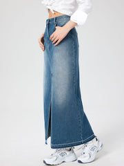 Denim Washed High Waist Split Skirt
