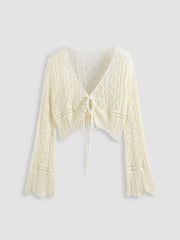 Solid Crochet Tie Front Deep V Neck Crop Top Curve & Plus