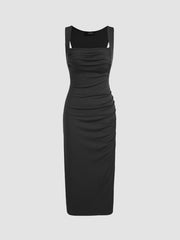 Square Neck Ruched Sleeveless Midi Dress