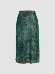 High Waist Mesh Floral Midi Skirt