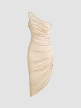Solid Satin Asymmetrical Ruched Midi Dress