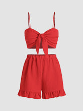 Knotted Shirred Crop Top & Ruffle Hem Shorts Set