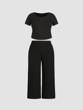 Knitted Short Sleeve Crop Top & Wide Leg Trousers Set Curve & Plus