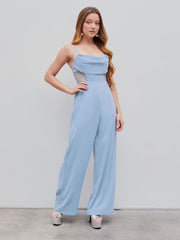 Lace Sheer Cowl Neck Wide Leg Jumpsuit