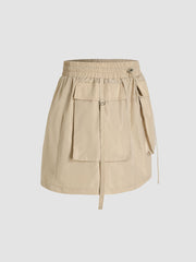 Solid Cargo Pocket Drawstring Mini Skirt
