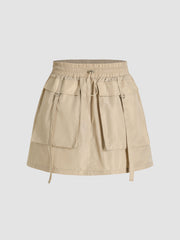Solid Cargo Pocket Drawstring Mini Skirt
