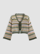 V-neck Striped Lace Up Knitted Long Sleeve Cardigan Curve & Plus