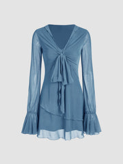 Mesh Solid Knotted Long Sleeve Mini Dress