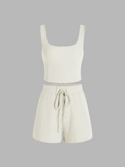 U-neckline Crop Tank Top & Knotted Wide Leg Shorts Set