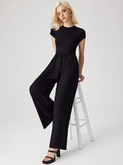 Round Neckline Ruched Wide Leg Jumpsuit