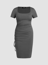 Square Neck Ruched Drawstring Split Midi Dress Curve & Plus