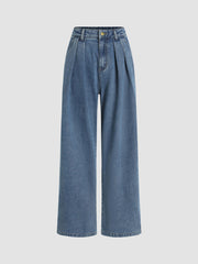 Denim Mid Rise Pleated Wide Leg Jeans
