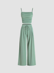 Square Neck Ruched Top & Elastic Waist Trousers Matching Set