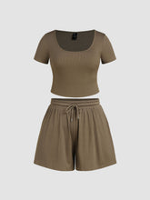 Rib U-neckline Short Sleeve Crop Top & Lace Up Wide Leg Shorts Curve & Plus
