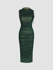 Mesh Ruched High Neck Midi Dress