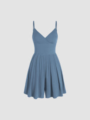 Solid V Neck Wide Leg Romper