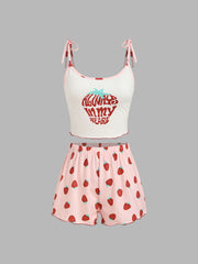 U-neckline Strawberry Graphic Cami Top & High Waist Shorts Lounge Set
