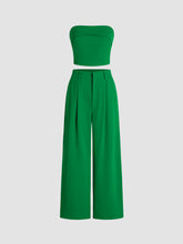 Solid Shirred Tube Top & High Waist Pants Set