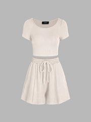 Scoop Neckline Crop Top & Stitch Shorts Set