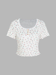 Floral Button Up Tee & High Waist Shorts Pajama Set