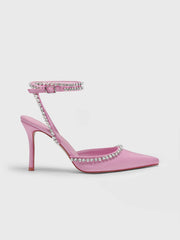 Ankle Strap Point Toe Rhinestone Decor Stiletto Heels