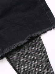 High Stretch Denim Mid Waist Mini Shorts With Fishnet Tights