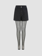 High Stretch Denim Mid Waist Mini Shorts With Fishnet Tights