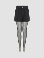 High Stretch Denim Mid Waist Mini Shorts With Fishnet Tights
